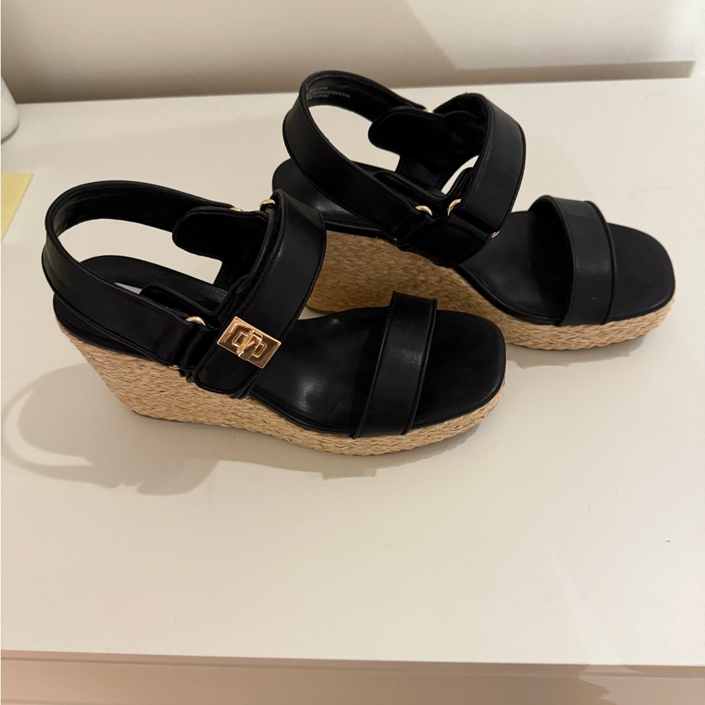 Never worn- brand new- Steve Madden Black and Tan Wedge Sandals